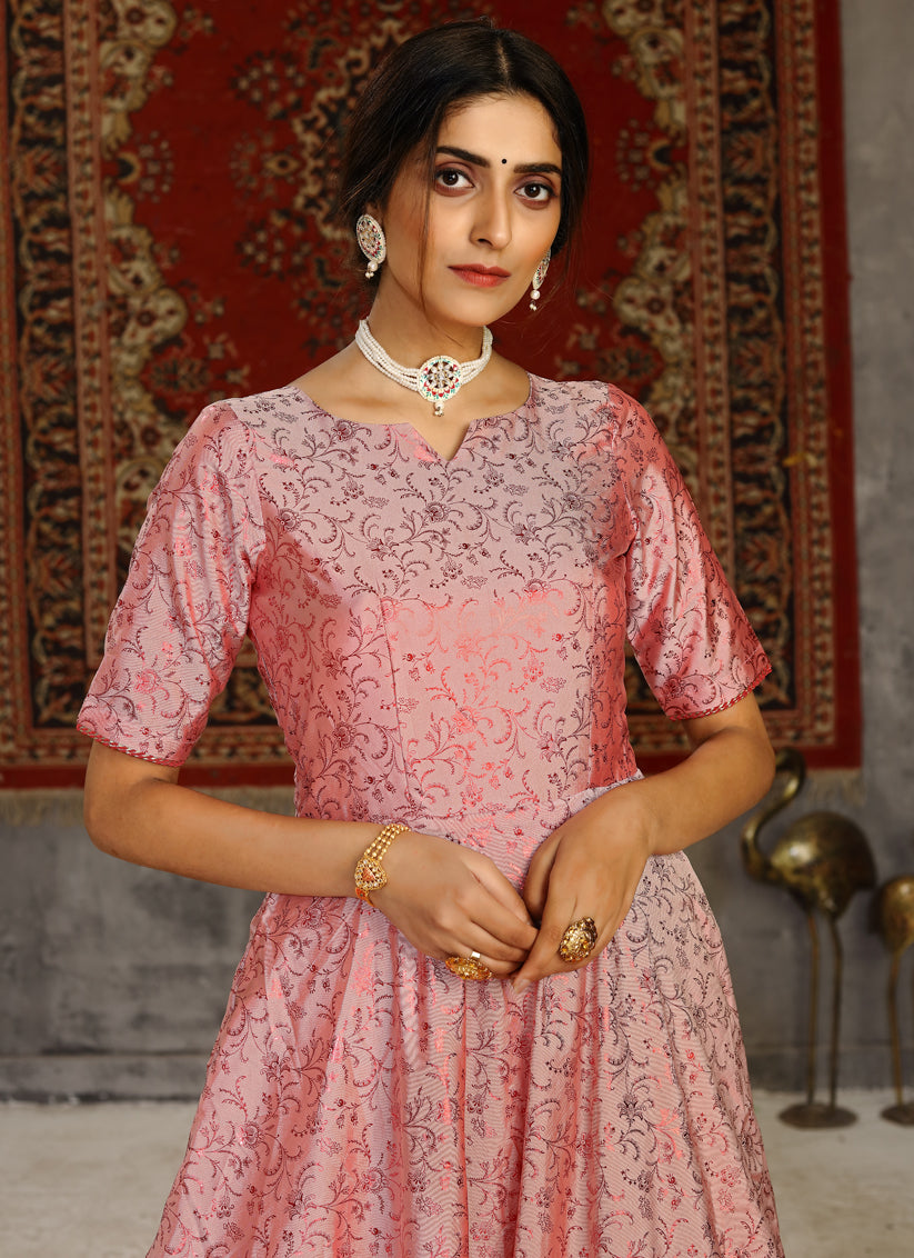 Coral Pink Taffeta Silk Foil Gown
