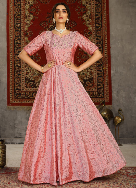 Coral Pink Taffeta Silk Foil Gown