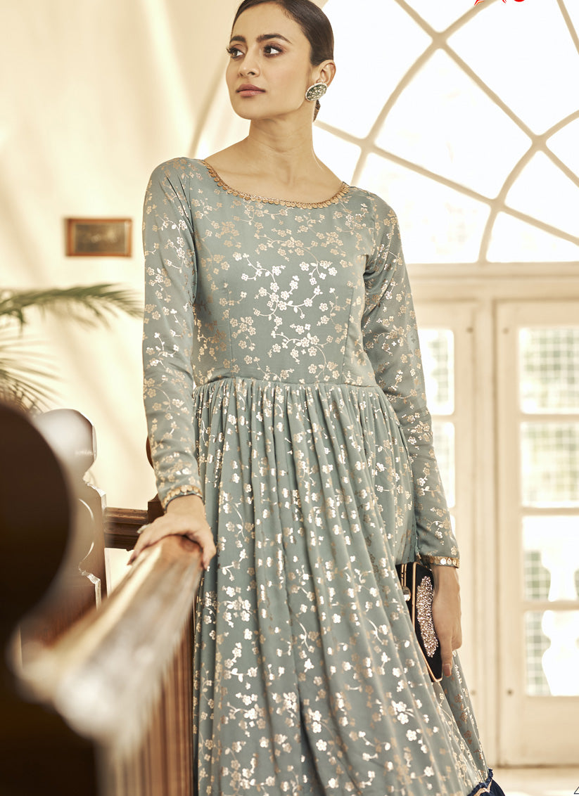 Pista Green and Blue Georgette Anarkali Long Gown