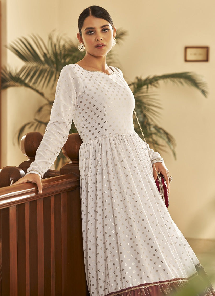 White and Rust Georgette Anarkali Long Gown