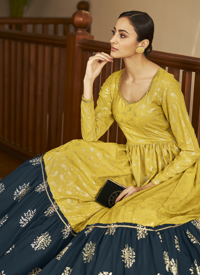 Green and Blue Georgette Ready Made Anarkali Long Gown