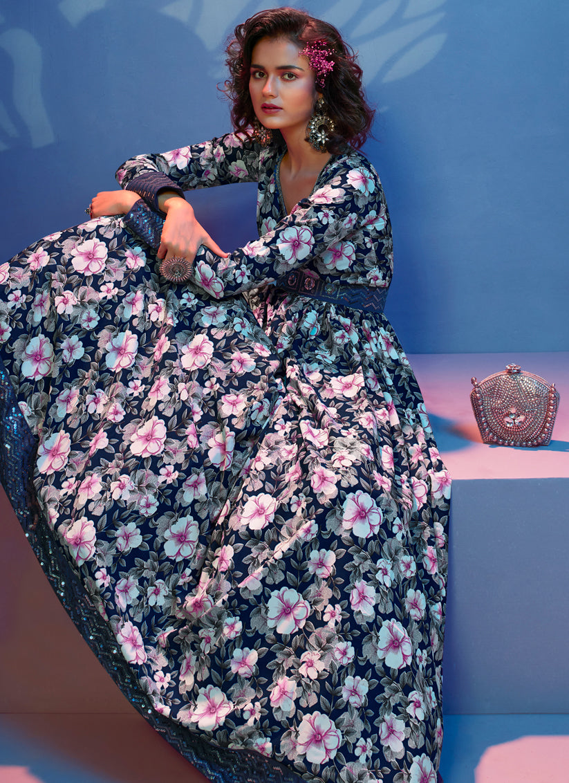 Navy Blue Crepe Sequins Ready Made Gown