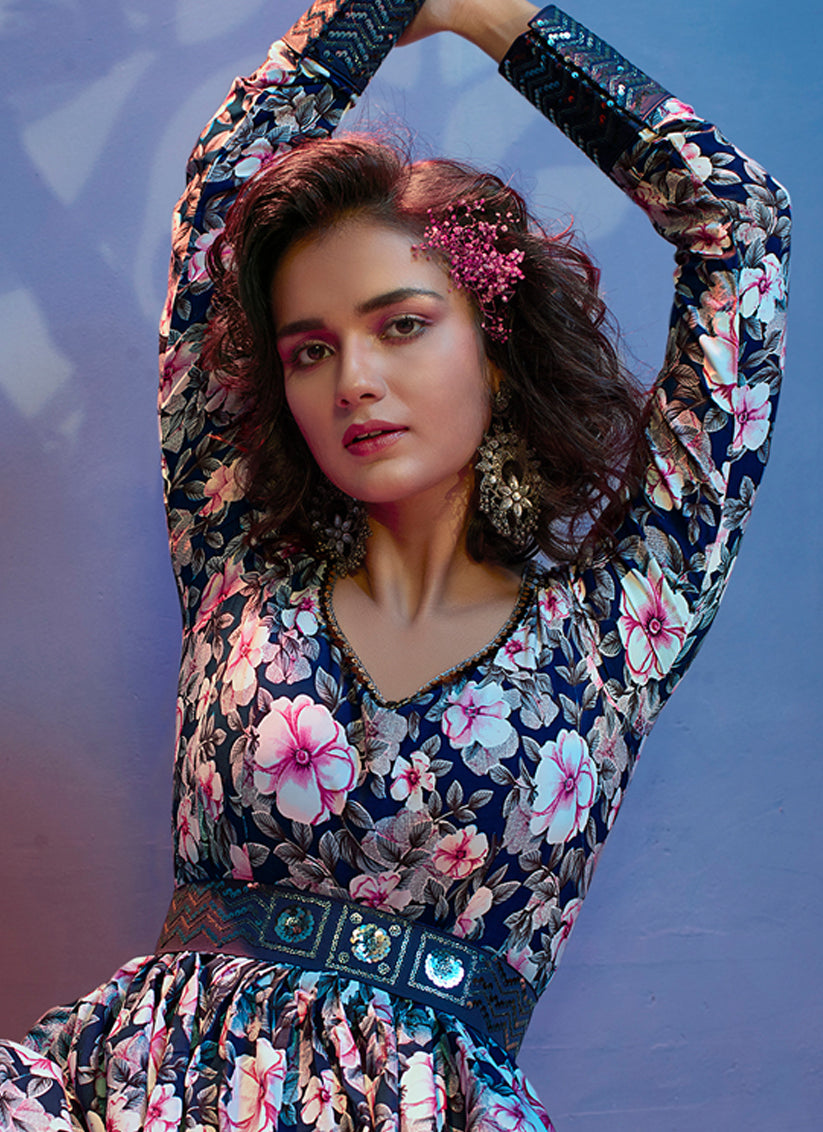 Navy Blue Crepe Sequins Ready Made Gown