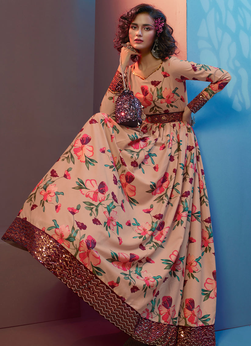 Dusty Peach Crepe Sequins Gown