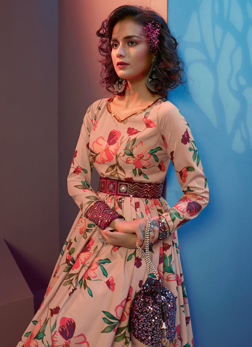 Dusty Peach Crepe Sequins Gown
