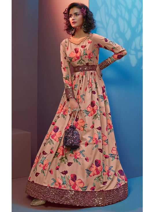 Dusty Peach Crepe Sequins Gown