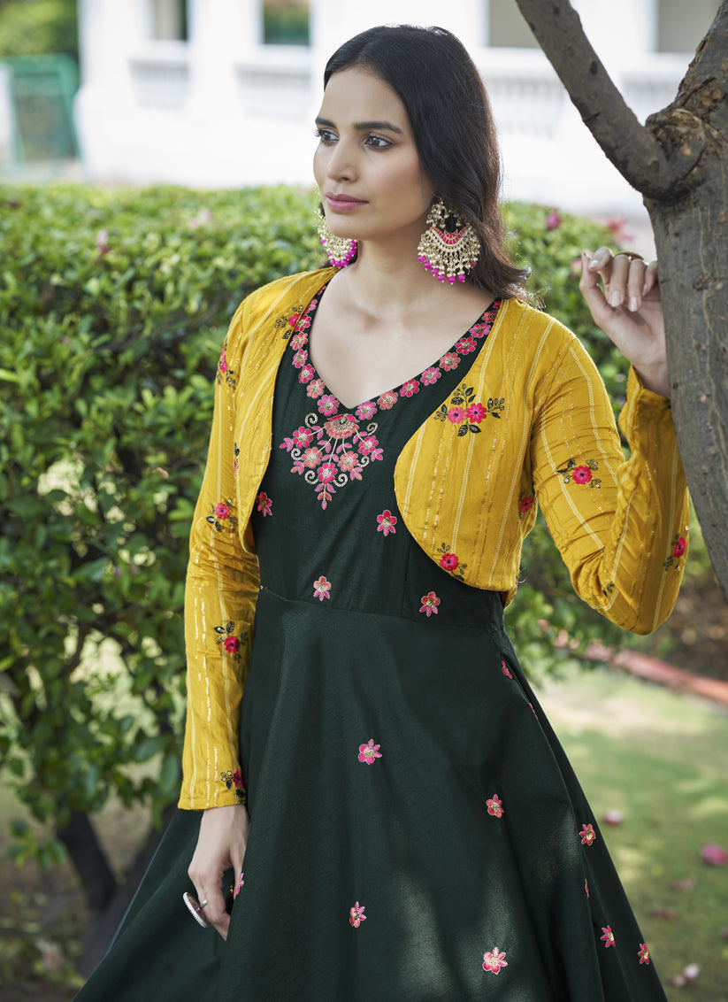 Pine Green Cotton Embroidered Gown with Jacket