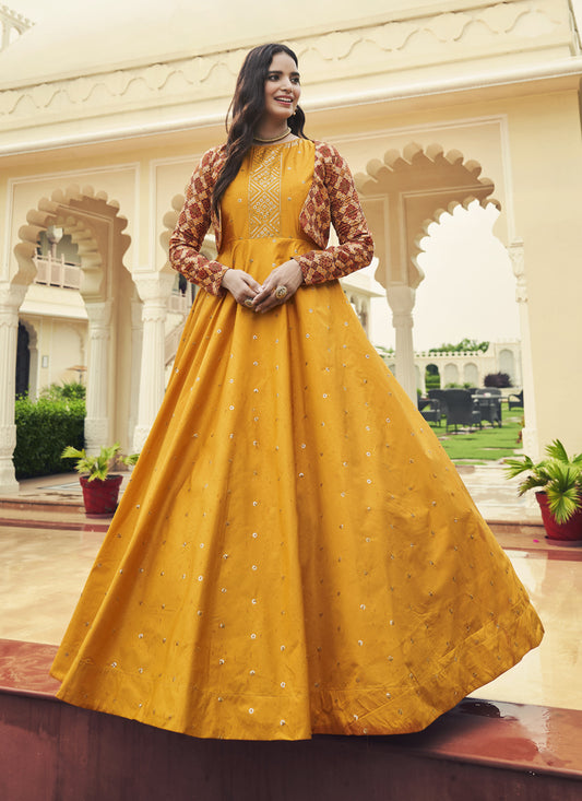 Mustard Yellow Cotton Embroidered Gown with Jacket