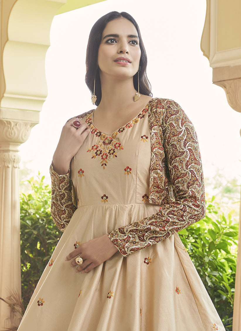 Beige Cotton Embroidered Gown with Jacket