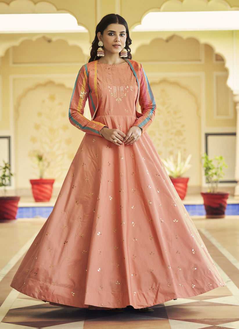Peach Cotton Embroidered Gown with Jacket