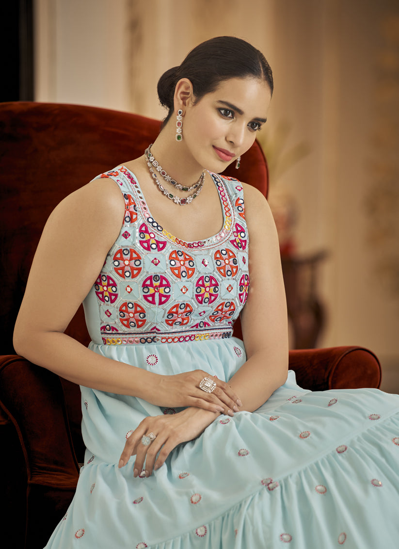 Ice Blue Georgette Embroidered Ready Made Gown