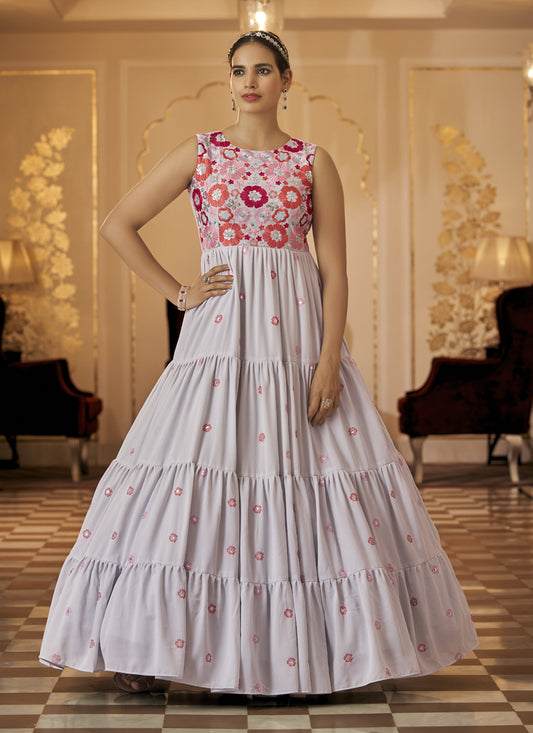 Pearl Grey Georgette Embroidered Gown