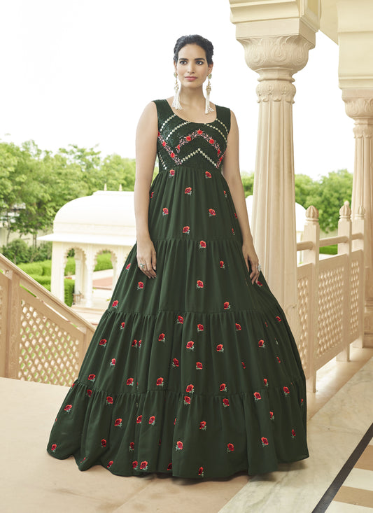 Bottle Green Georgette Embroidered Gown