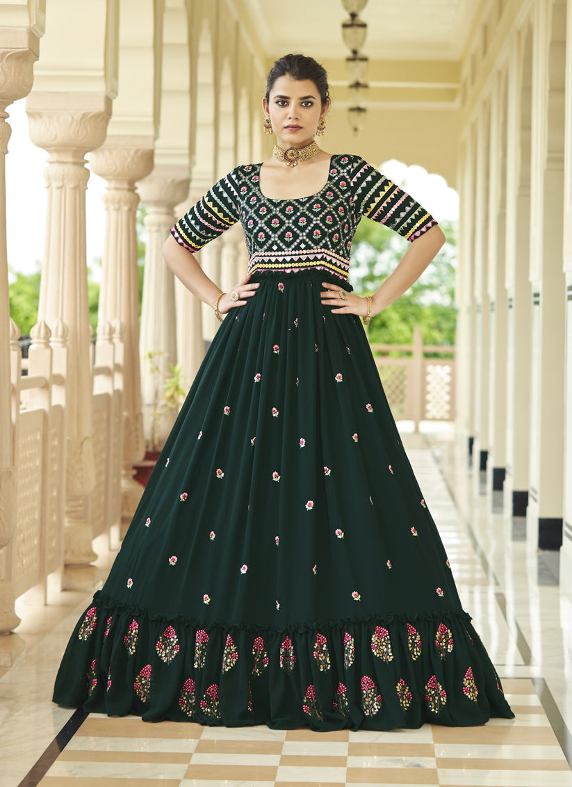 Pine Green Georgette Embroidered Readymade Gown