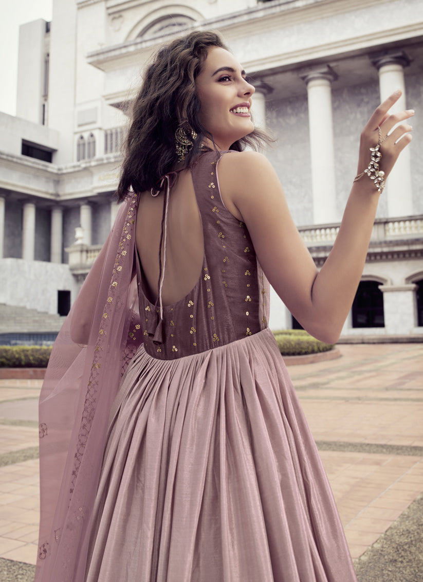 Rose Taupe Chinnon Embroidered Gown with Dupatta