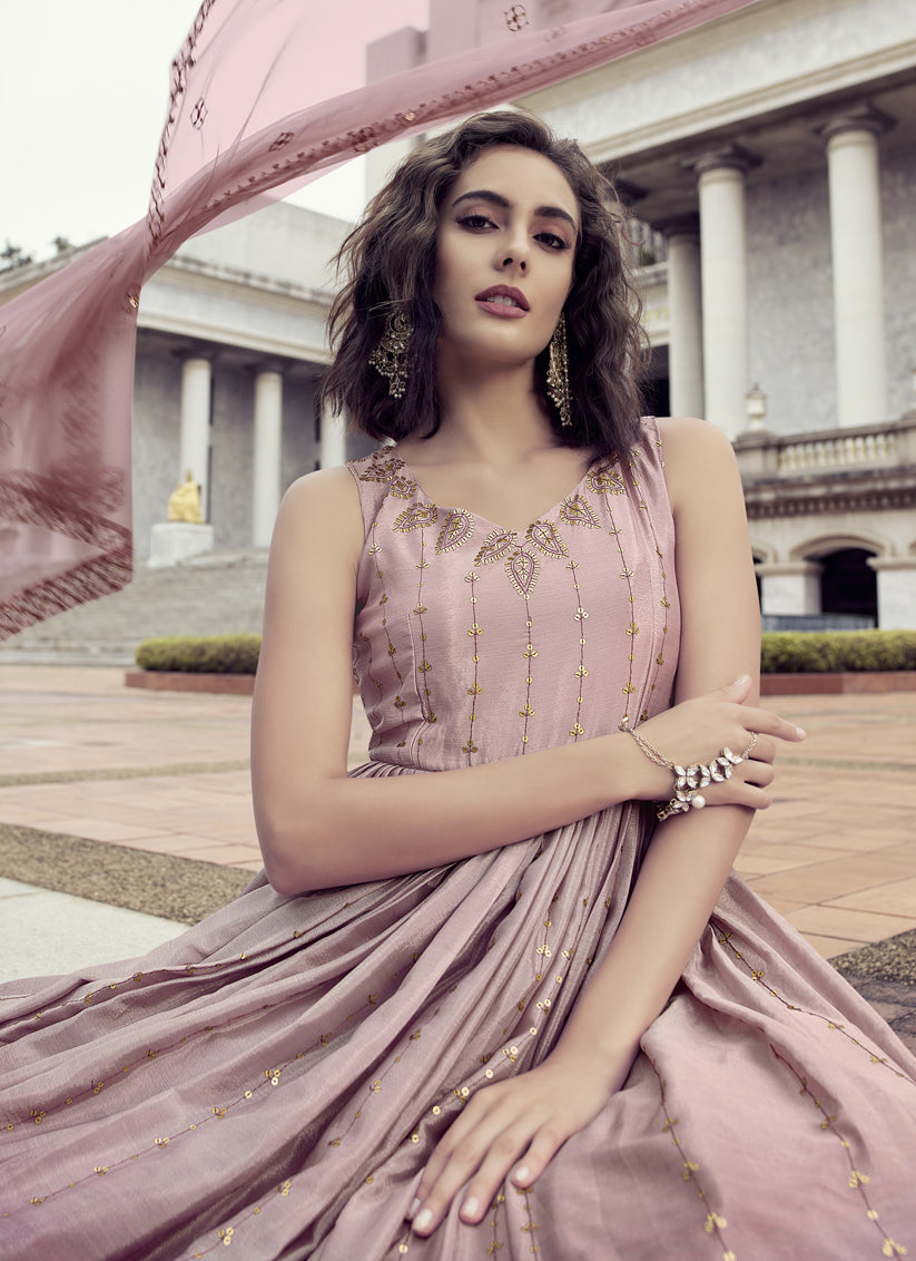 Rose Taupe Chinnon Embroidered Gown with Dupatta