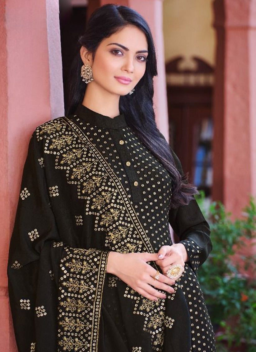 Black Chinnon Embroidered Pant Kameez