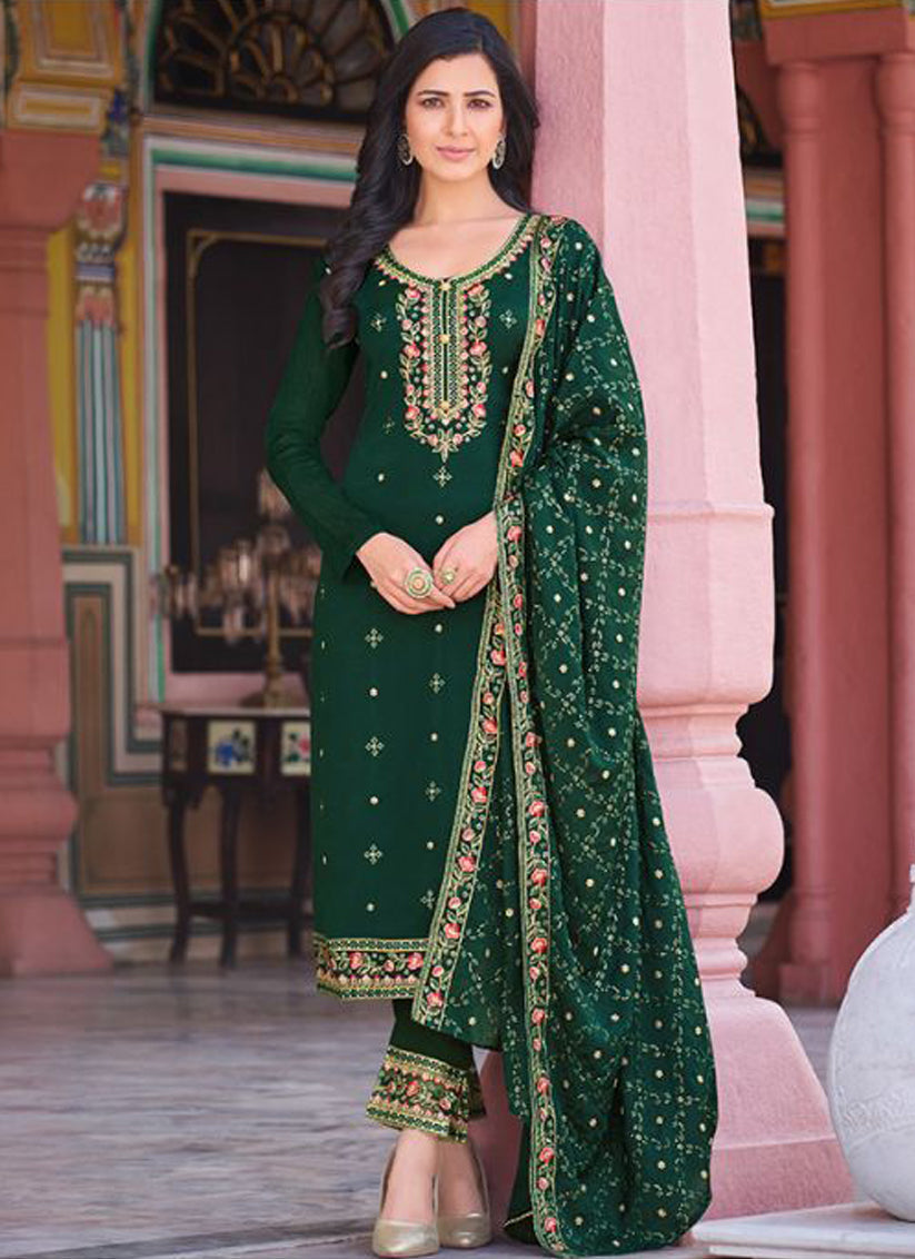 Pine Green Chinnon Embroidered Ready Made Pant Kameez