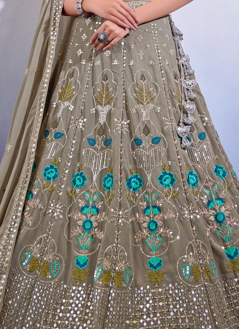 Moss Grey Georgette Embroidered Designer Lehenga Choli