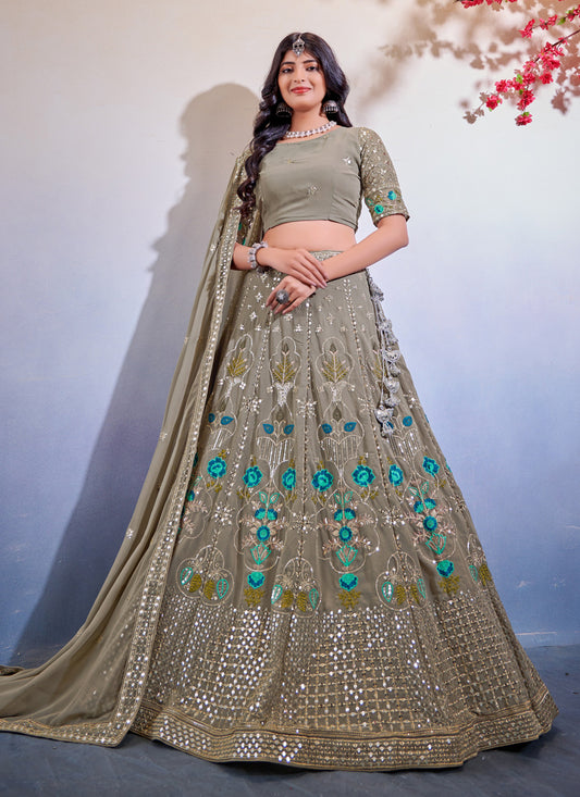 Moss Grey Georgette Embroidered Designer Lehenga Choli