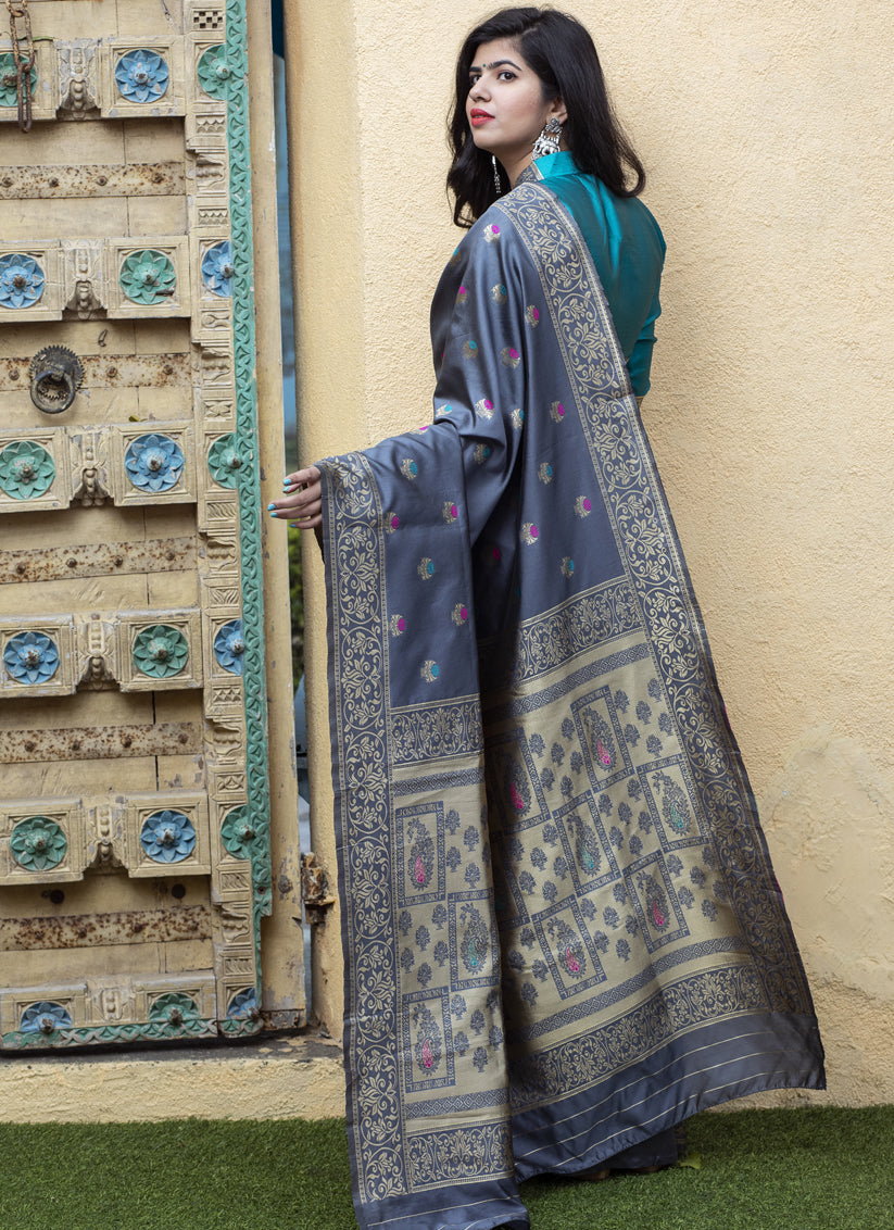 Slate Grey Banarasi Silk Weaving Saree