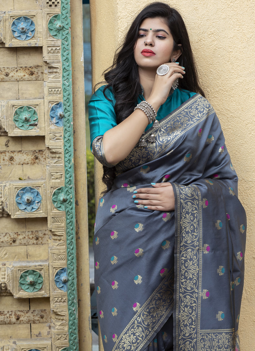 Slate Grey Banarasi Silk Weaving Saree