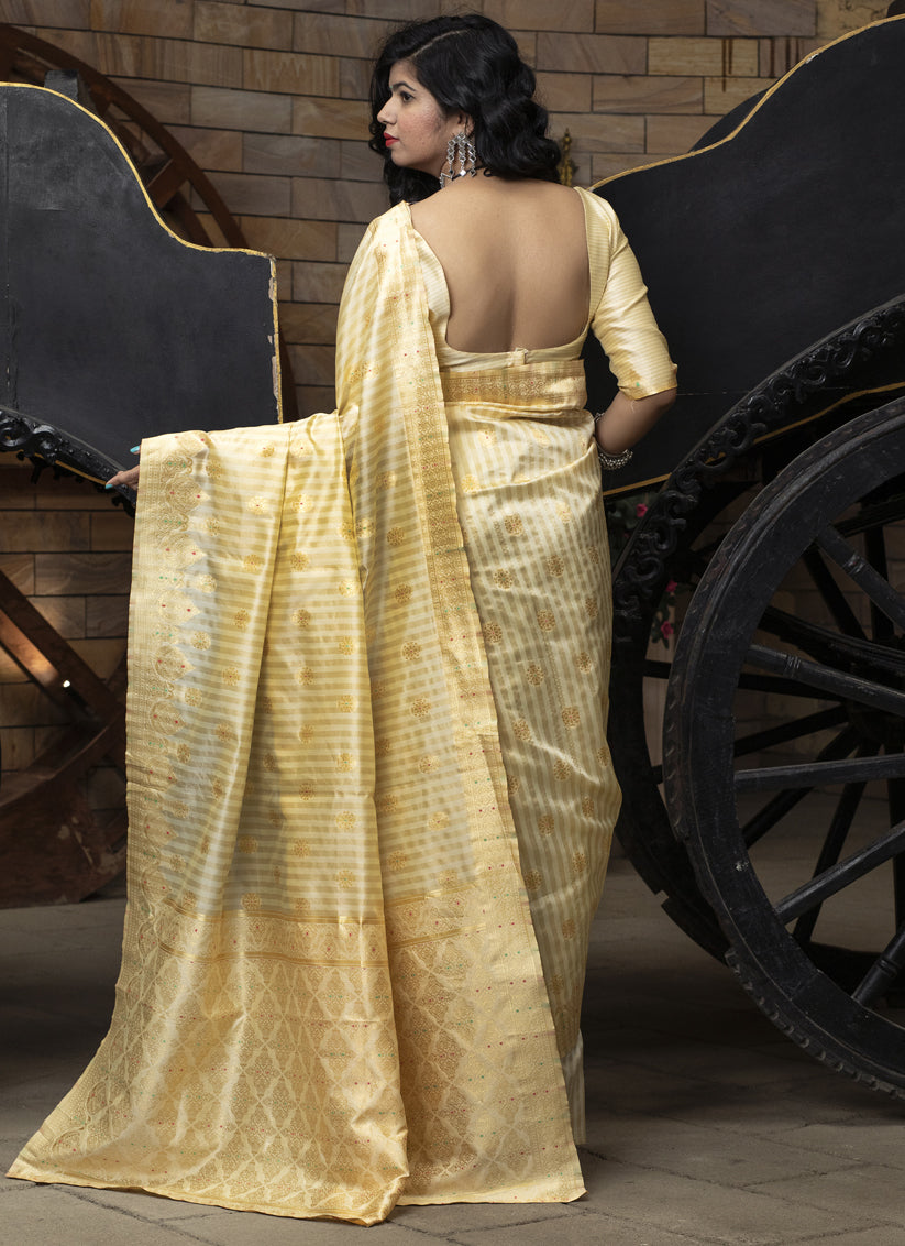 Cream Banarasi Silk Weaving Saree