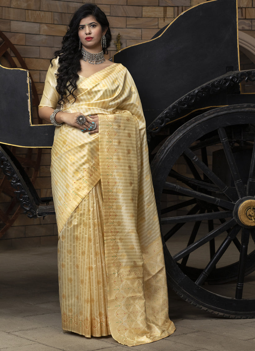 Cream Banarasi Silk Weaving Saree