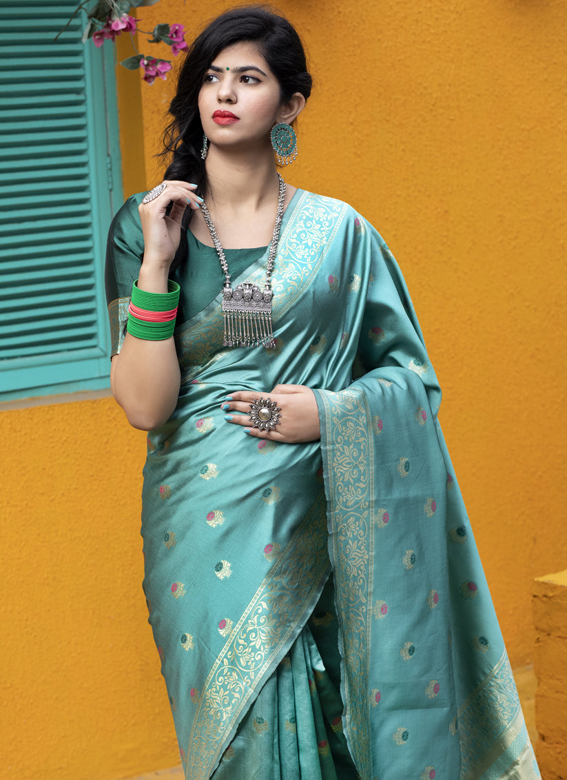 Turquoise Banarasi Silk Weaving Saree