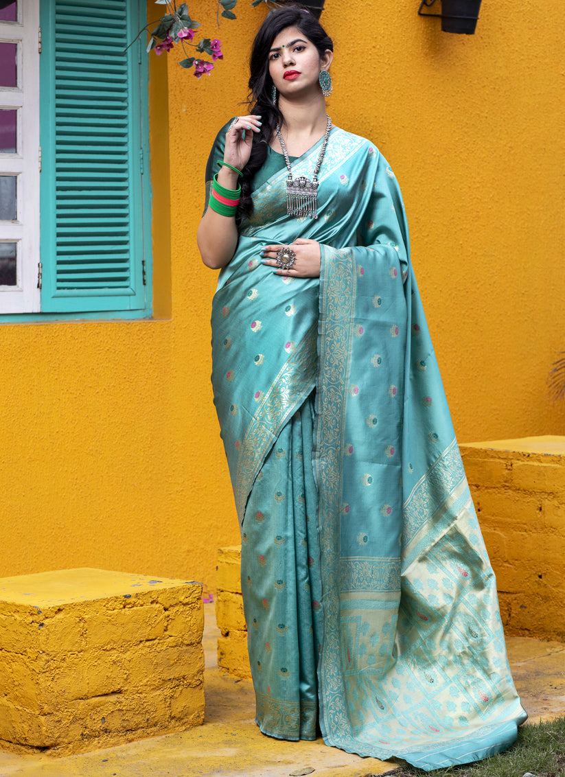 Turquoise Banarasi Silk Weaving Saree