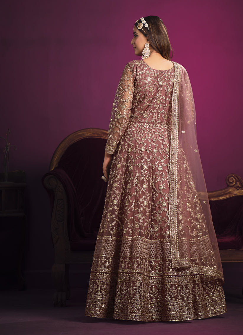 Rouge Pink Net Embroidered Designer Anarkali Dress