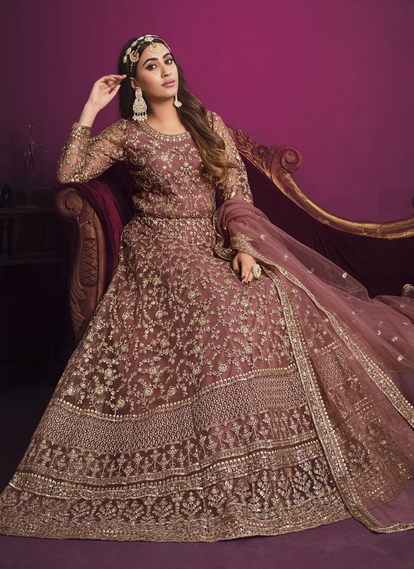 Rouge Pink Net Embroidered Designer Anarkali Dress