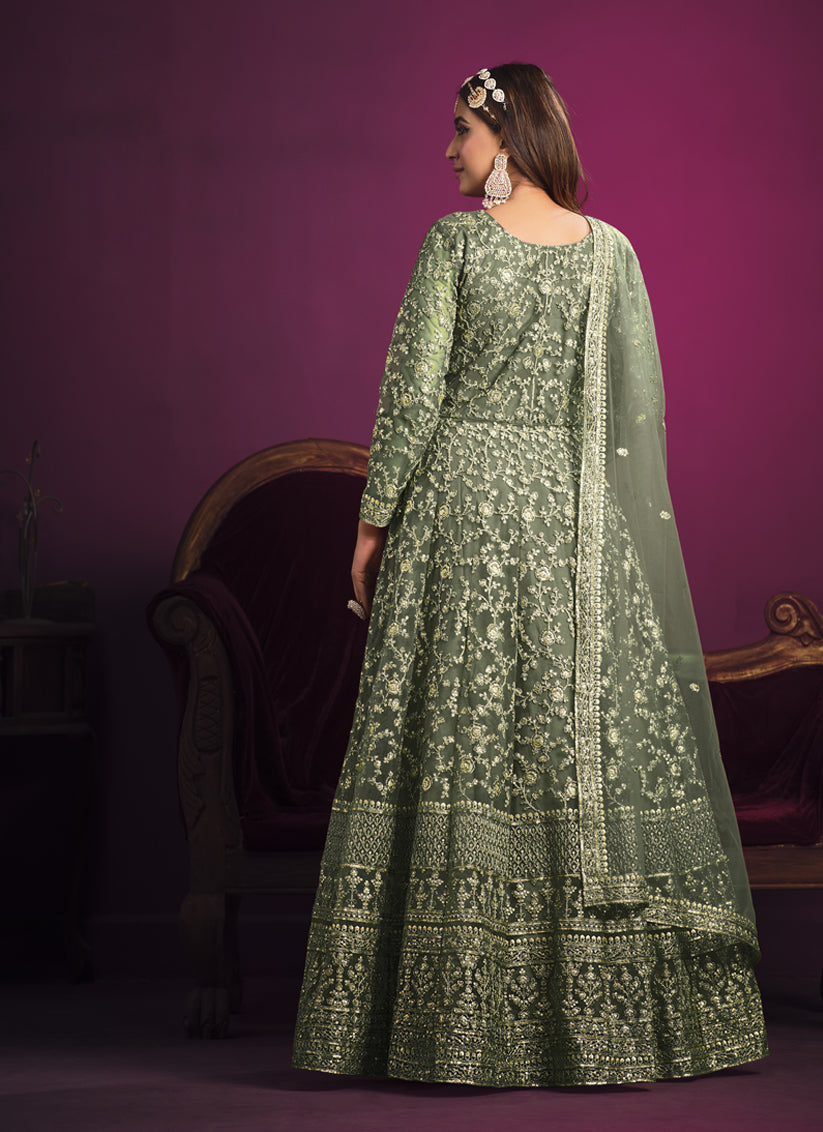 Sage Green Net Embroidered Designer Anarkali Dress