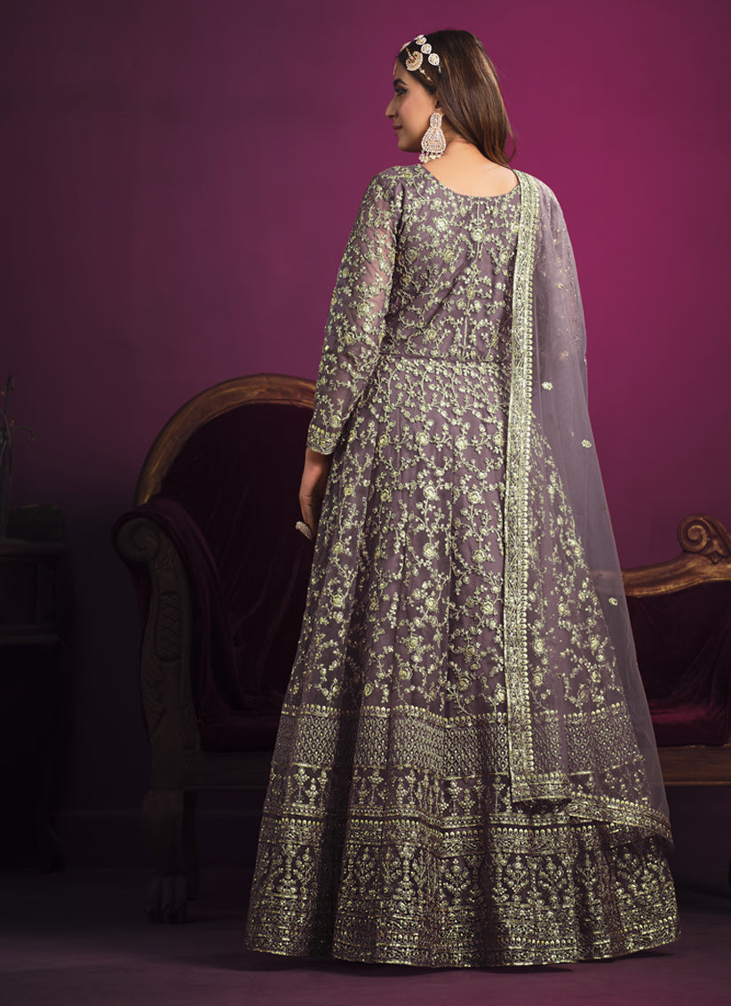 Mauve Net Embroidered Designer Anarkali Dress