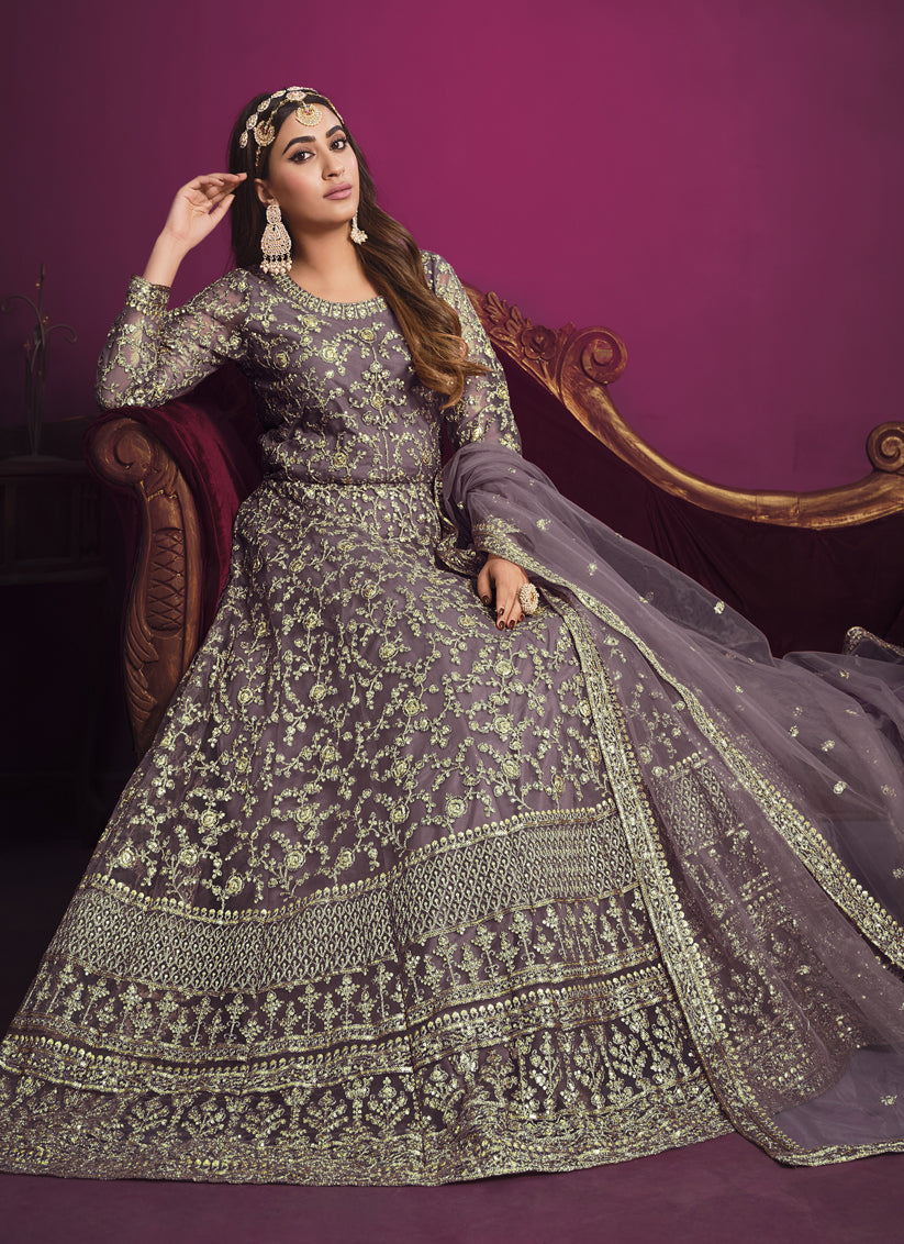 Mauve Net Embroidered Designer Anarkali Dress