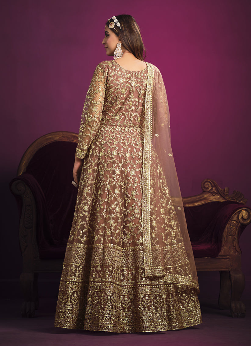 Peach Net Embroidered Designer Anarkali Dress