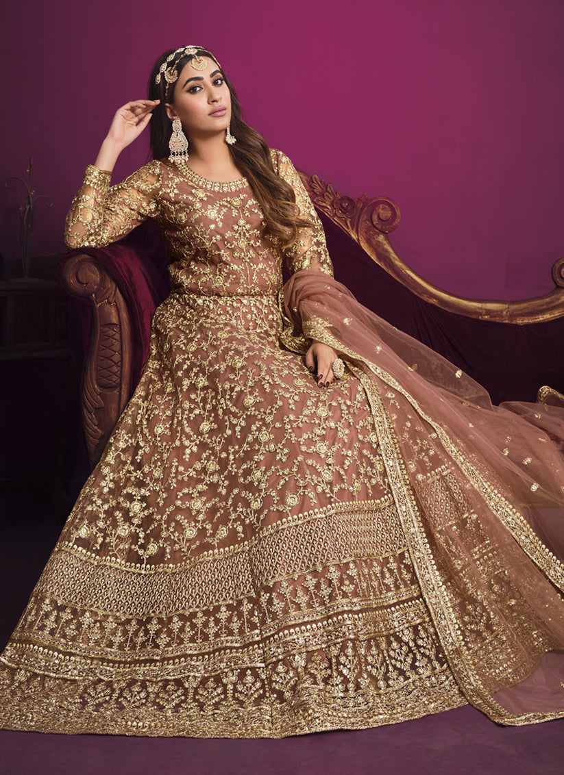 Peach Net Embroidered Designer Anarkali Dress