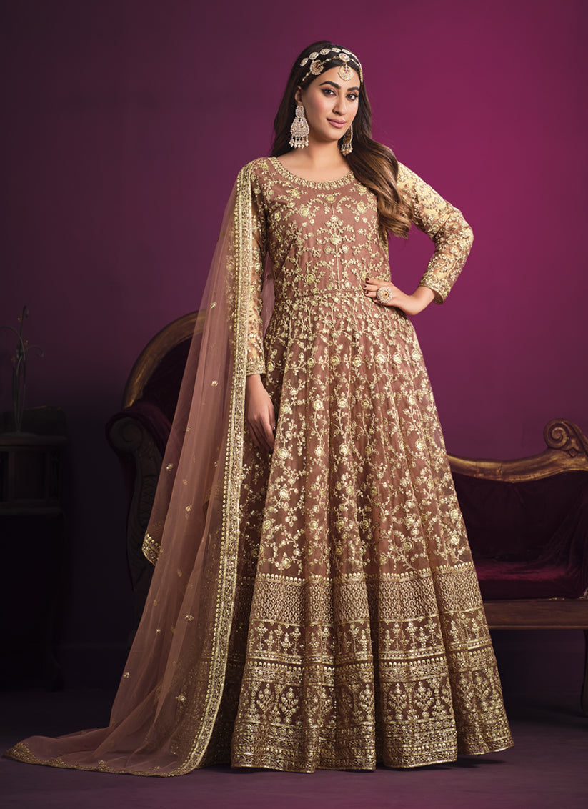 Peach Net Embroidered Designer Anarkali Dress