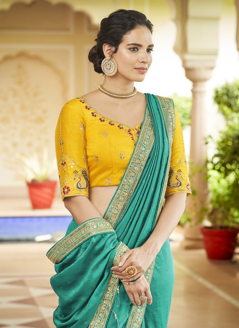 Rama Green Silk Saree with Embroidered Blouse