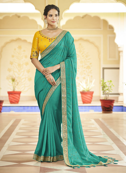 Rama Green Silk Saree with Embroidered Blouse
