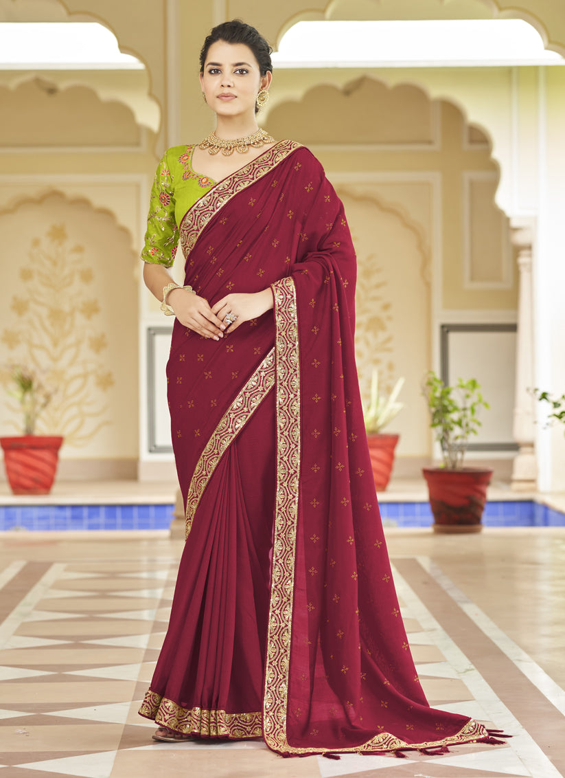 A silk georgette cherry printed sari with a black embroidered