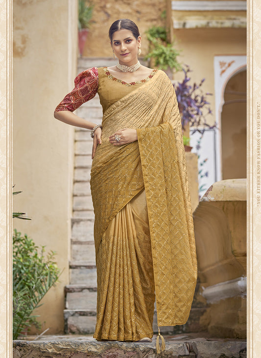 Mustard Chinnon Sequins Saree