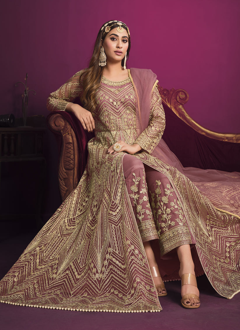 Old Rose Net Embroidered Designer Pant Kameez