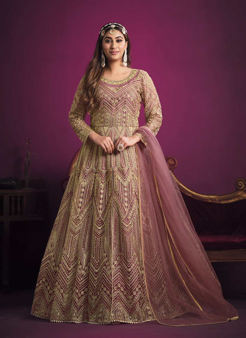 Old Rose Net Embroidered Designer Pant Kameez