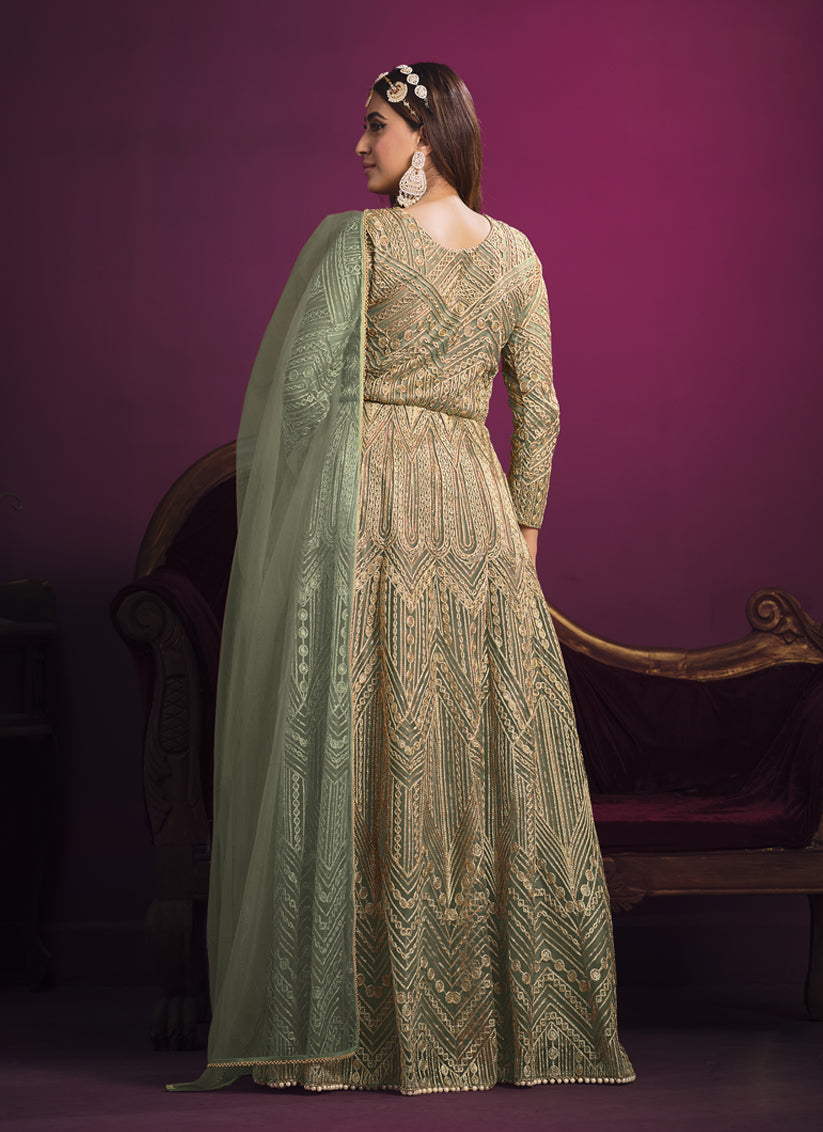 Sage Green Net Embroidered Designer Pant Kameez