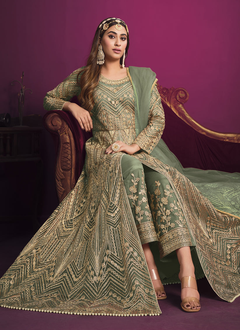 Sage Green Net Embroidered Designer Pant Kameez