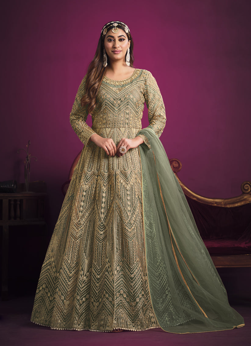 Sage Green Net Embroidered Designer Pant Kameez