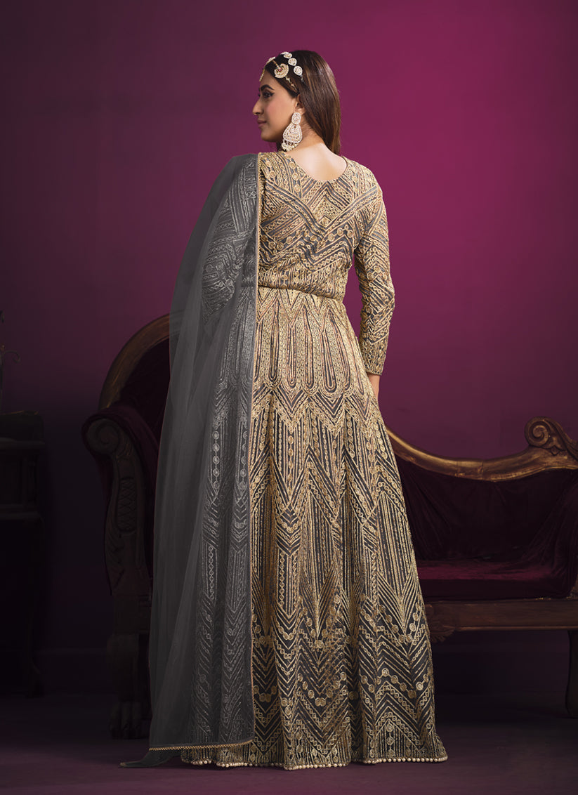 Slate Grey Net Embroidered Designer Pant Kameez