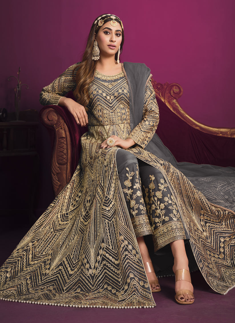 Slate Grey Net Embroidered Designer Pant Kameez