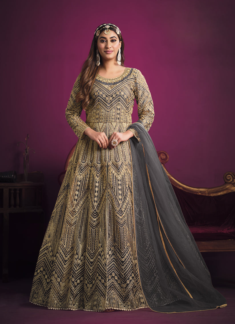 Slate Grey Net Embroidered Designer Pant Kameez